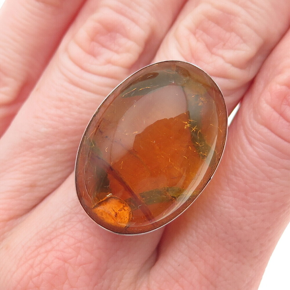 925 Sterling Silver Vintage Real Cabochon Amber Modernist Ring Size 7